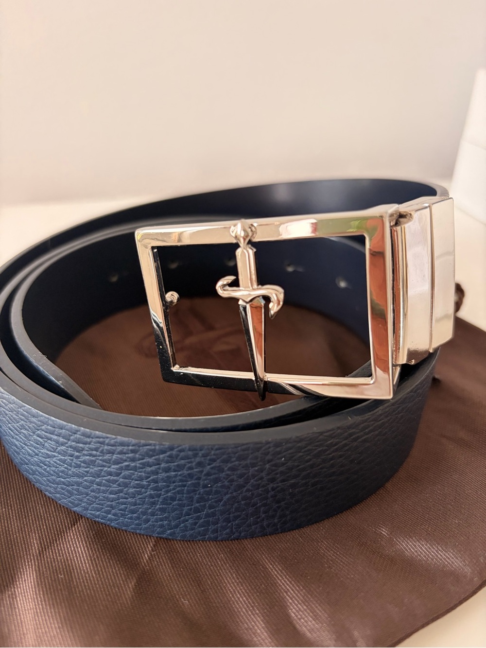 Cesare Paciotti Navy Leather Belt with Silver Dagger Buckle